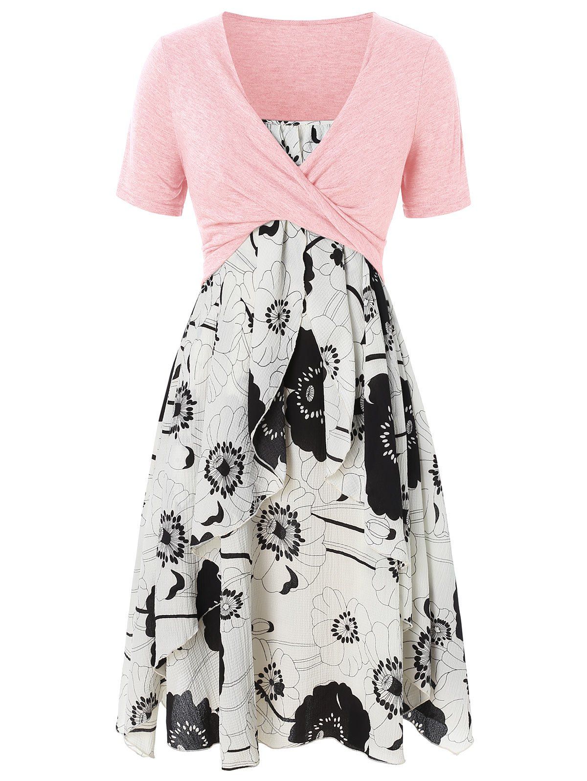 

Plus Size Two Piece Print Layered Midi Dress With Criss Cross Crop Top, Pink