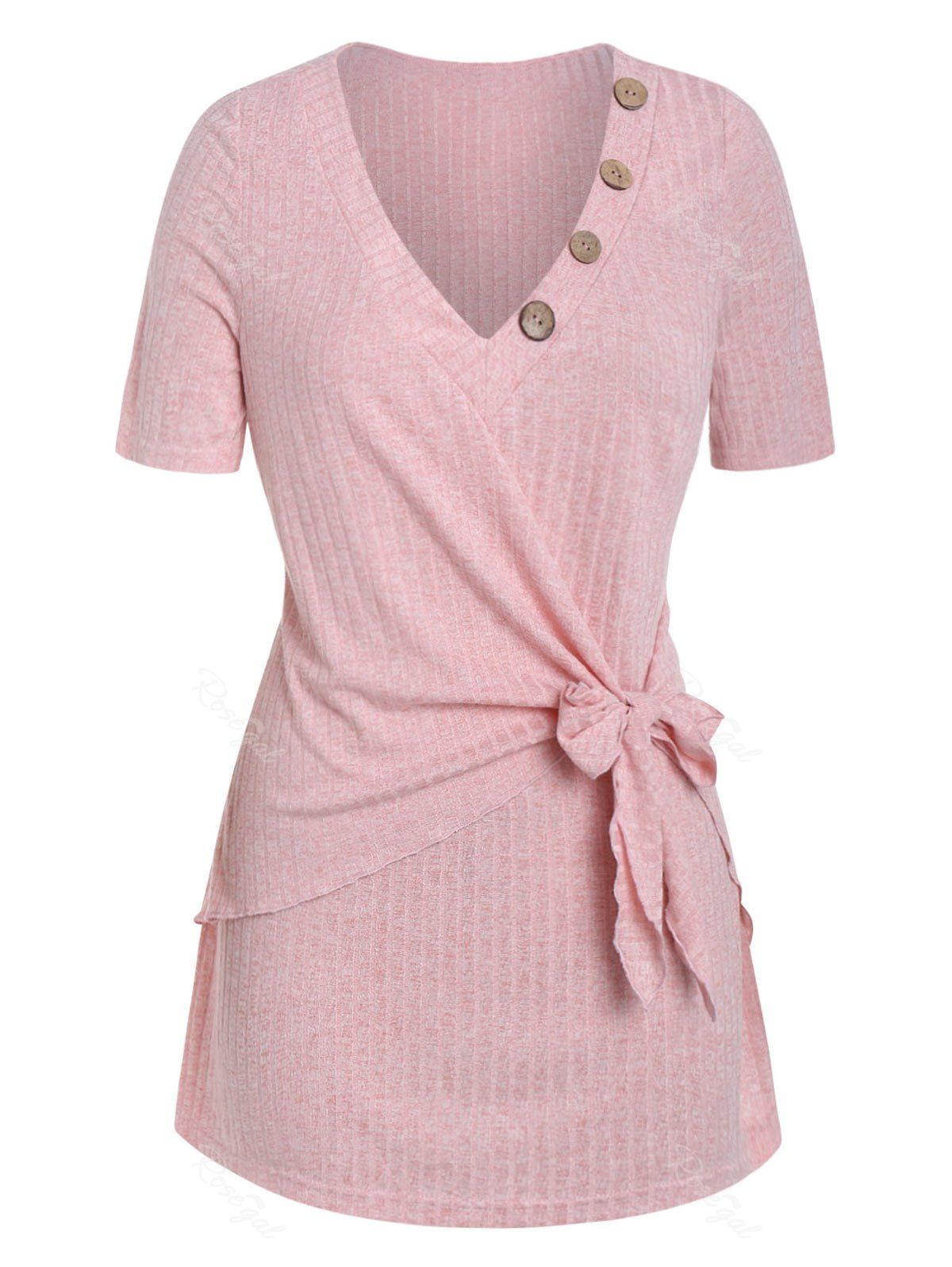 

Plus Size Button V Neck T Shirt, Flamingo pink