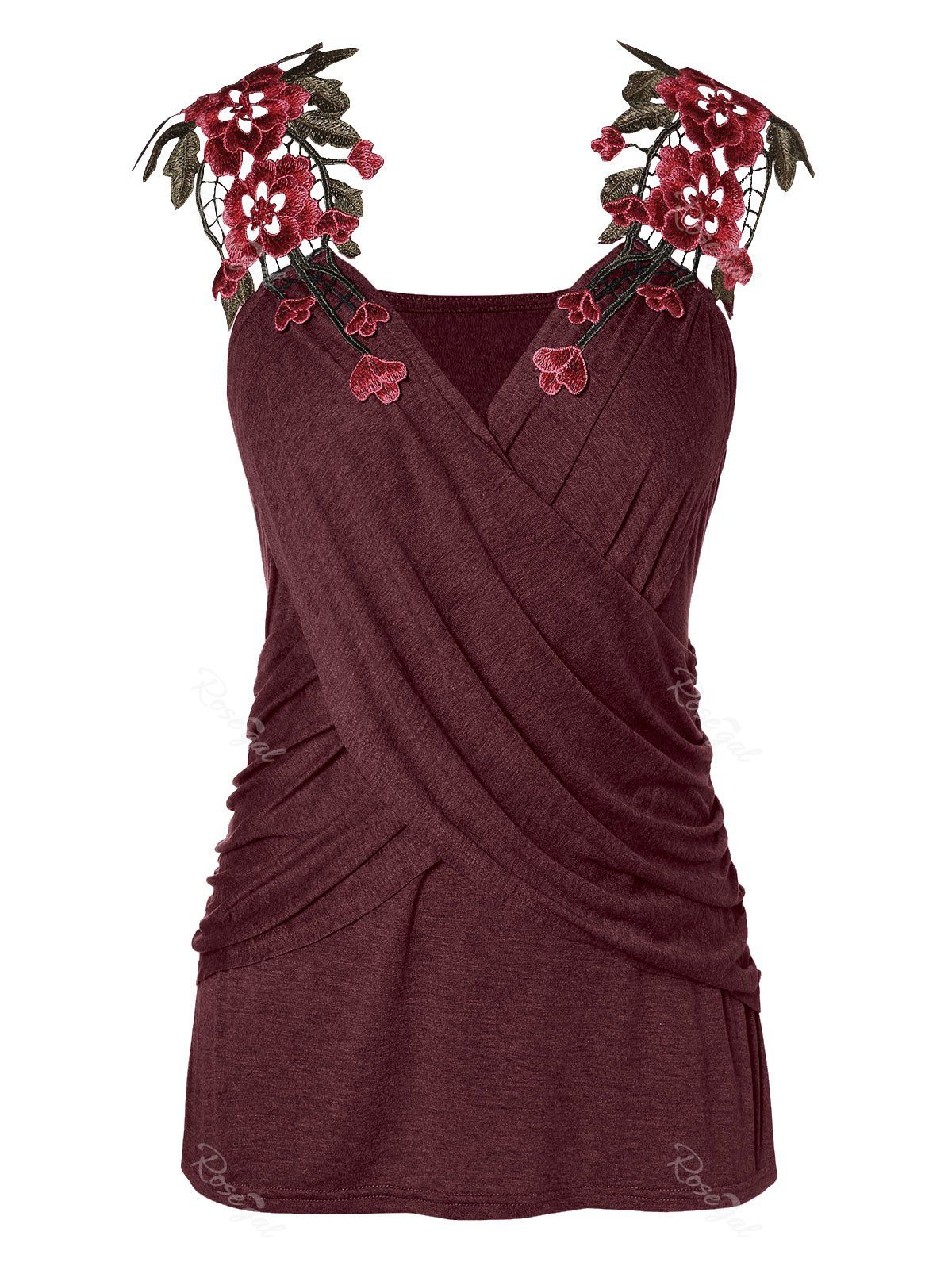 

Criss Cross Plus Size Lace Applique Tank Top, Red wine