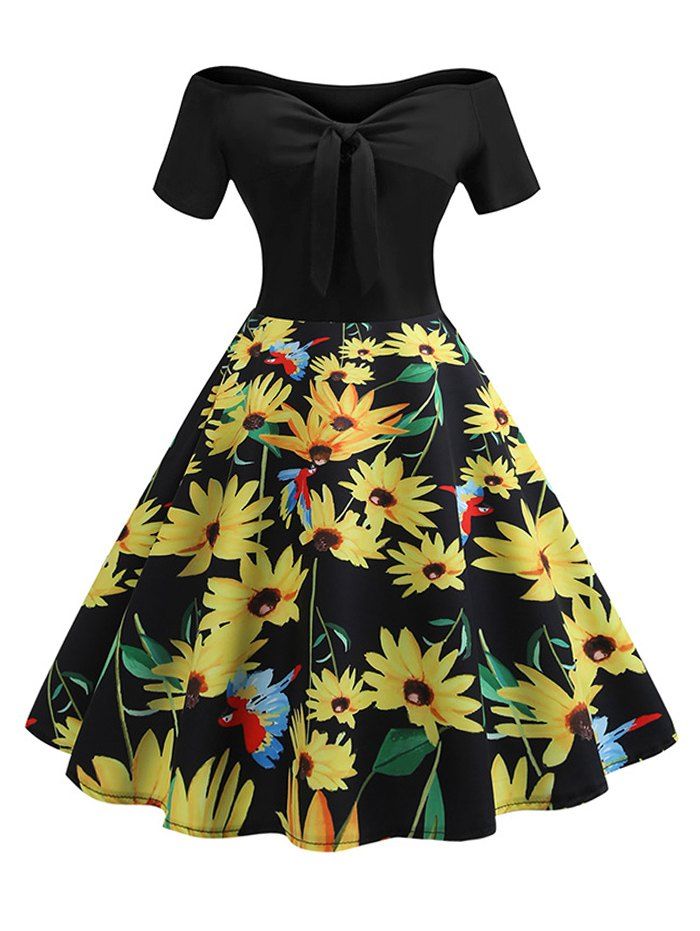 

Flower Knotted Off Shoulder Dress, Multi-a