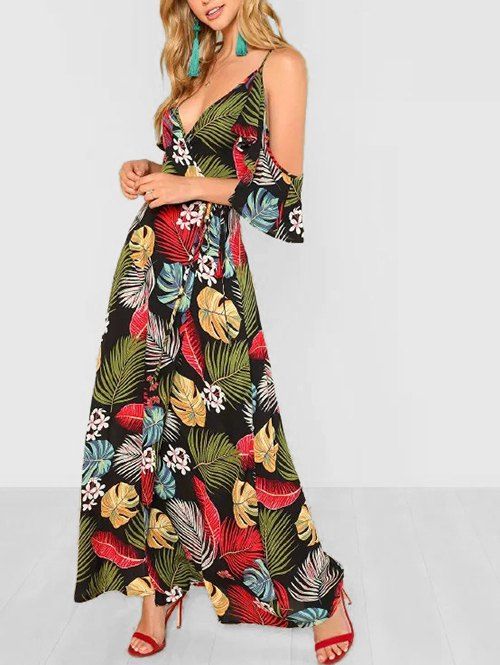 

Floral Leaf Open Shoulder Maxi Dress, Multi-a