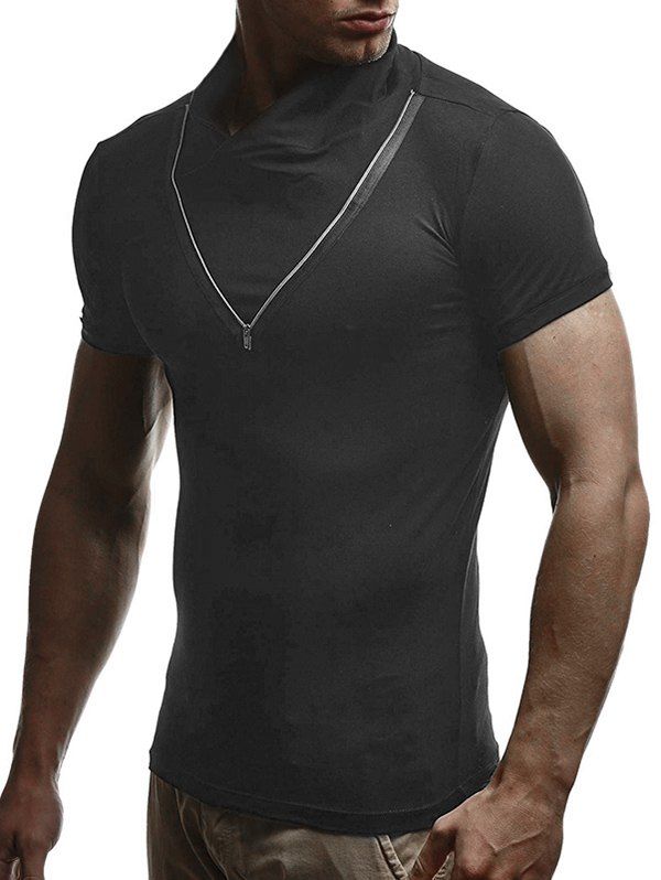 

Solid Color Zipper Short Sleeves T-shirt, Black