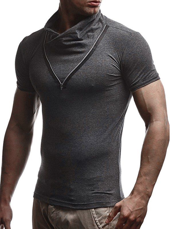 

Solid Color Zipper Short Sleeves T-shirt, Gray