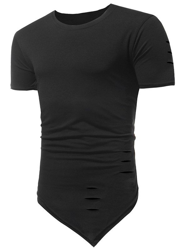 

Asymmetric Ripped Solid Color Long T-shirt, Black
