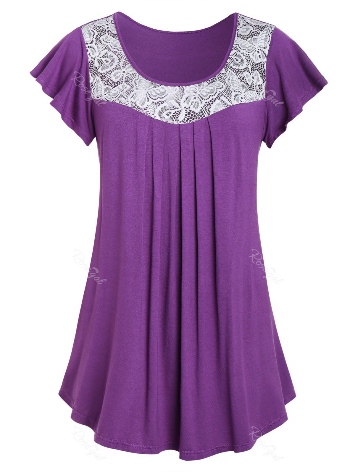 

Plus Size Lace Insert Pleated T Shirt, Dark orchid