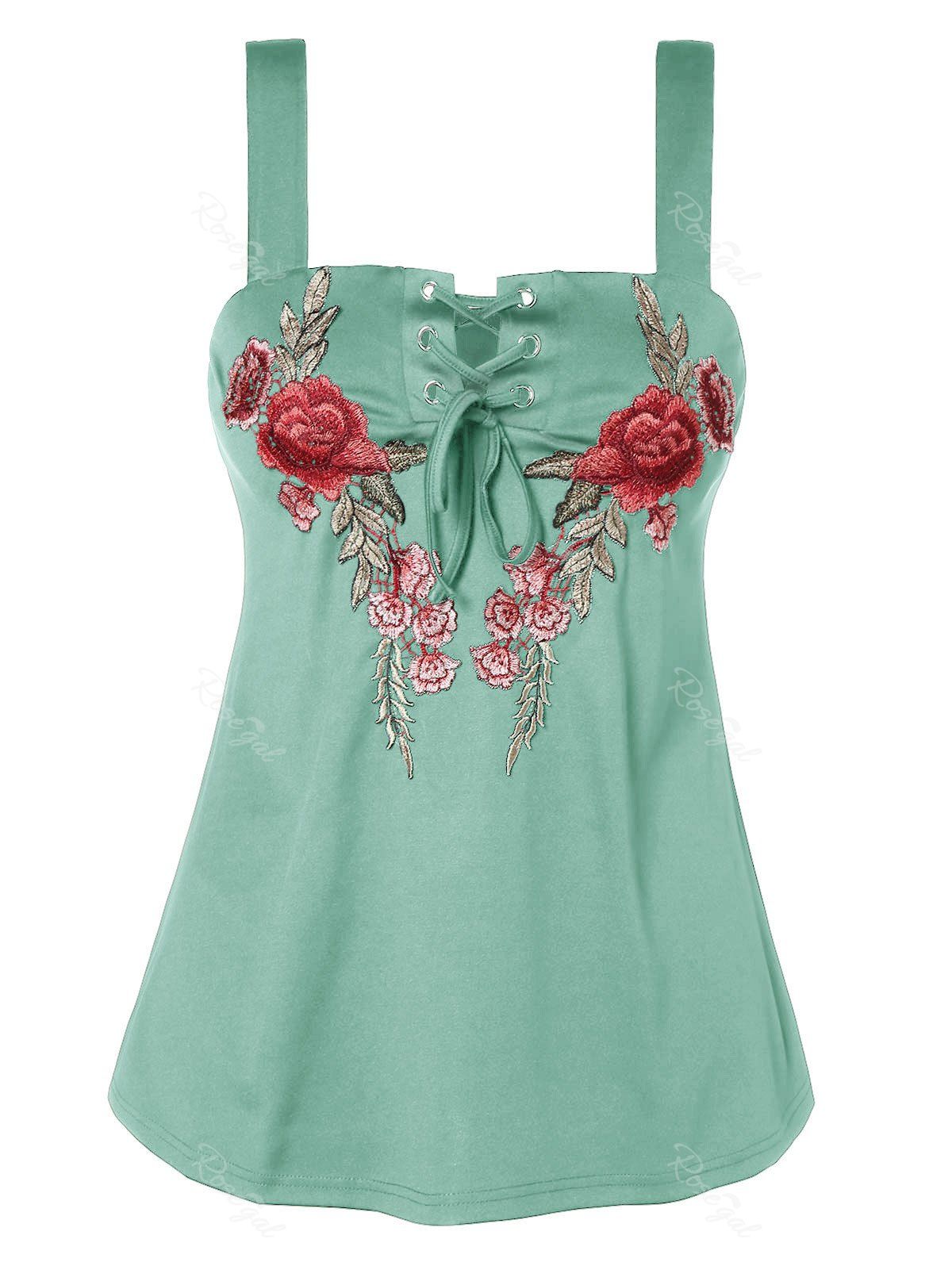 

Plus Size Floral Embroidery Tank Top, Cyan opaque