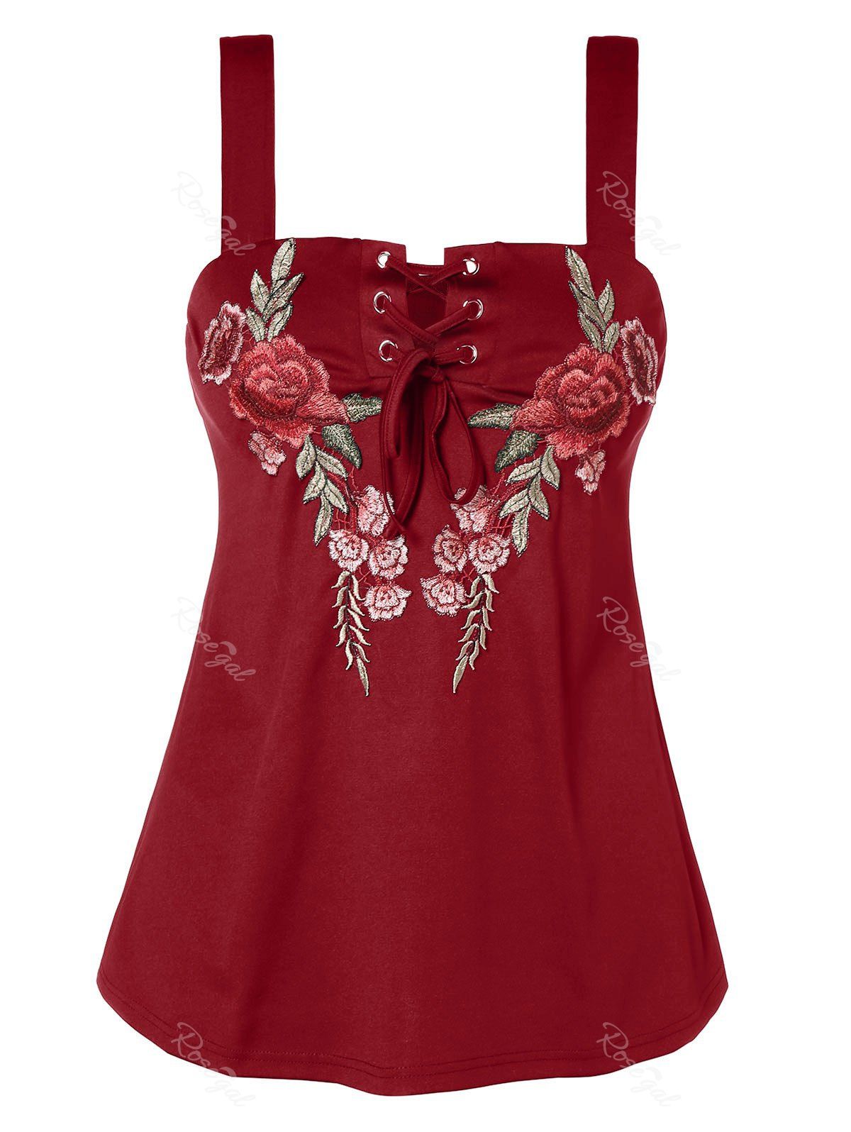 

Plus Size Floral Embroidery Tank Top, Red wine