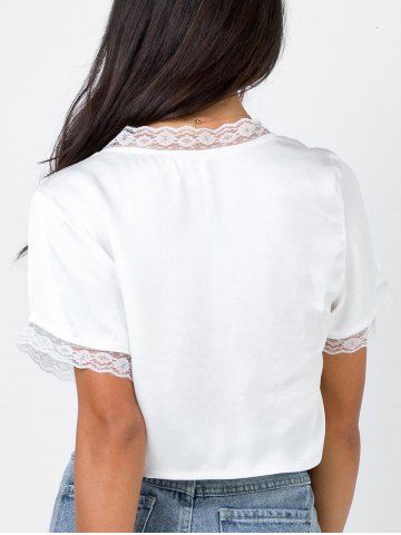 

Lace Trim Satin Tied Short Blouse, White