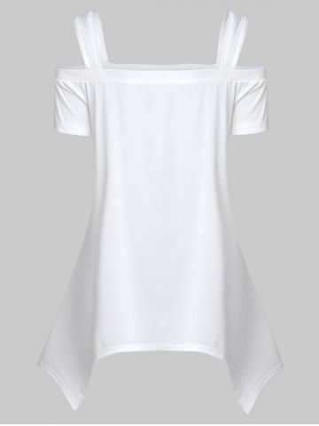 

Feather Print Open Shoulder Asymmetric Tee, White