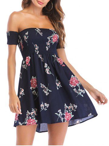 

Off Shoulder Flower Mini Boho Dress, Midnight blue