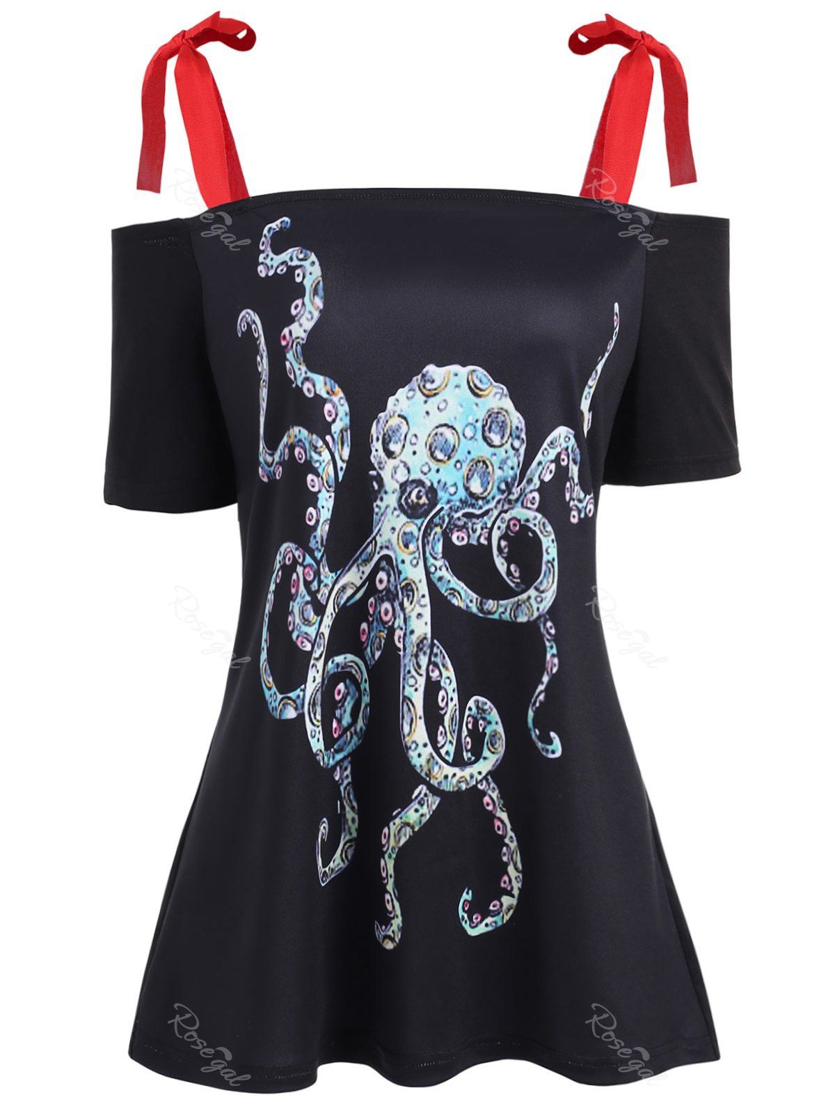 

Plus Size Octopus Print Self Tied T-shirt, Black