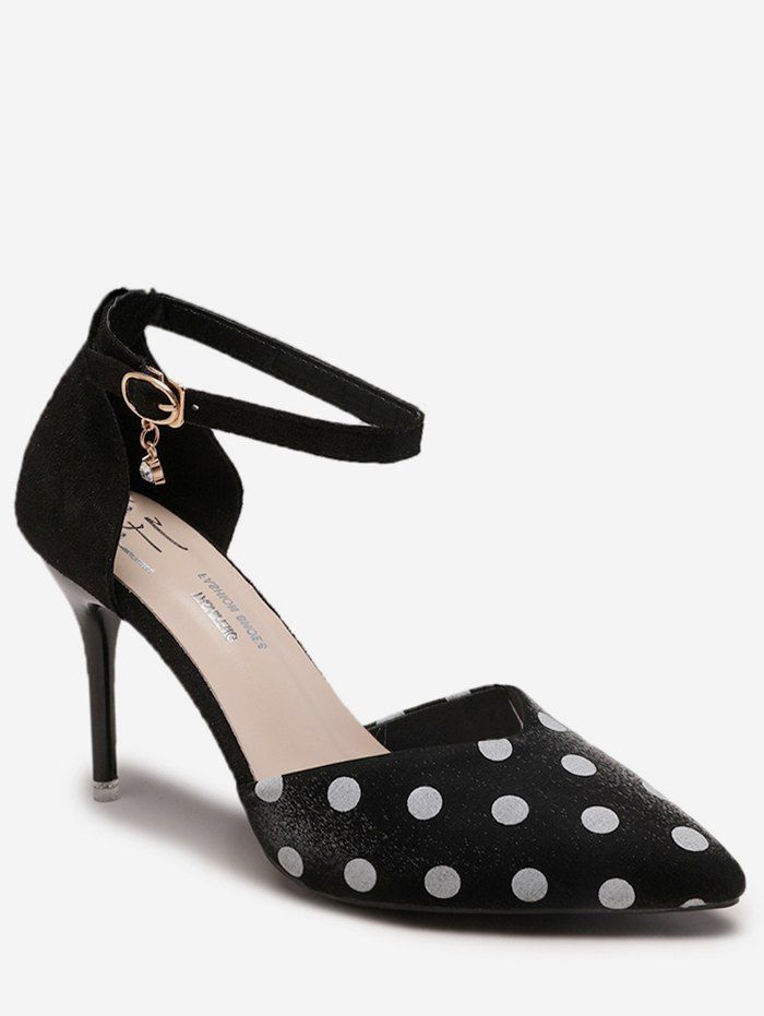 

Pointed Toe Polka Dot Heeled Pumps, Black