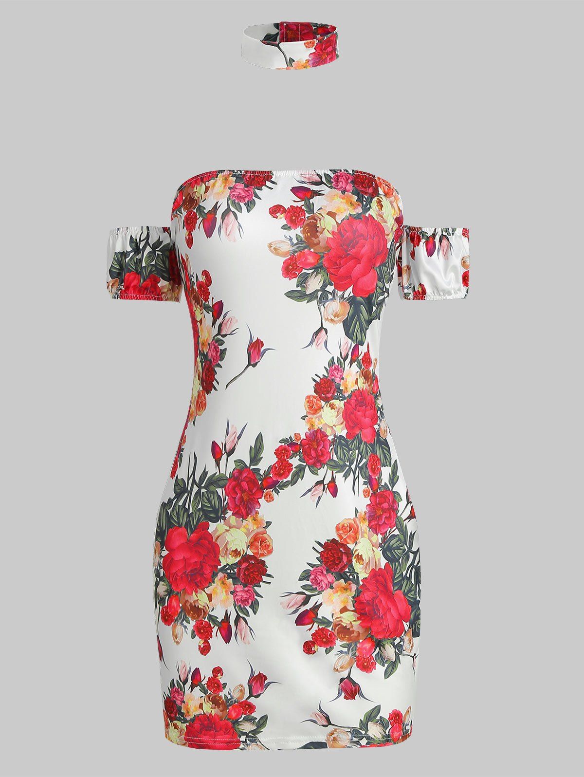 

Off The Shoulder Flower Print Dress with Choker, White