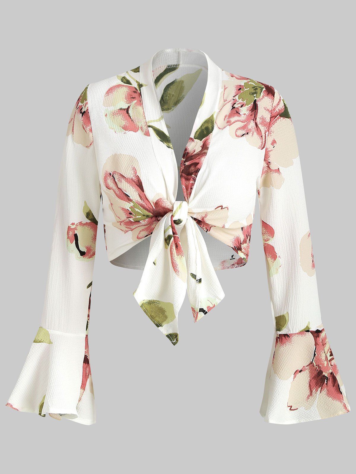 

Flare Sleeve Flower Print Crop Top, White