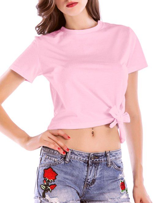 

Round Neck Knot Short Tee, Pink