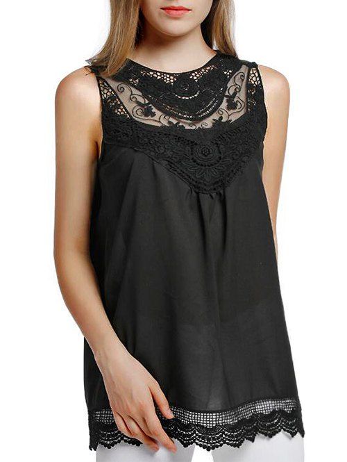 

Sleeveless Lace Insert Tank Top, Black