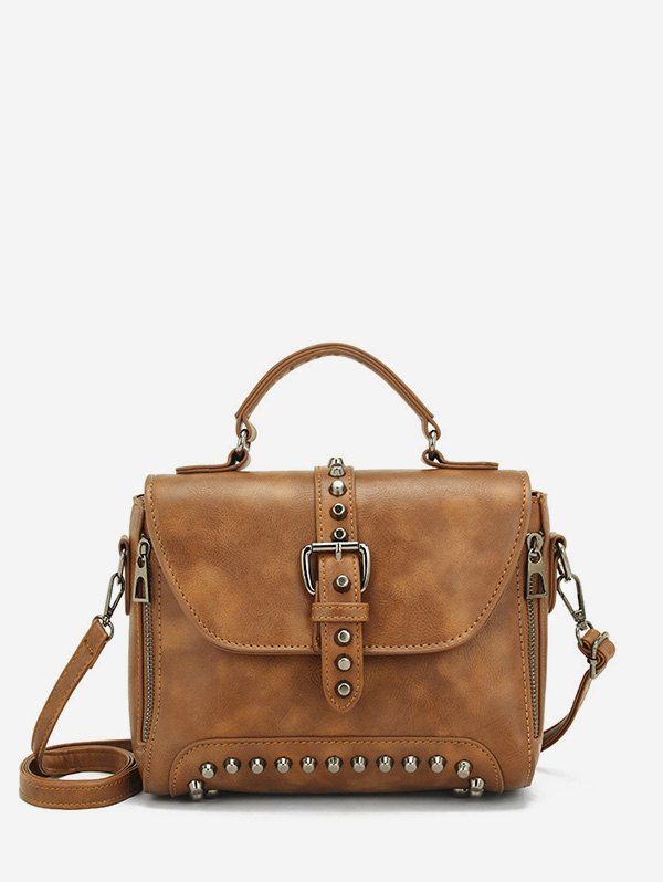 

Buckle Rivet Leather Single Shoulder Bag, Brown bear