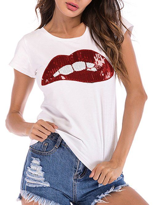 

Sequined Big Mouth Casual Tee, White