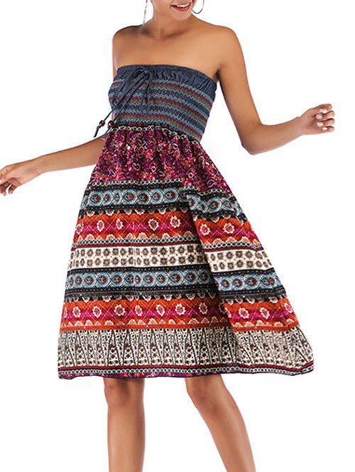 

Ethnic Floral Bandeau Smocked Dress, Multi