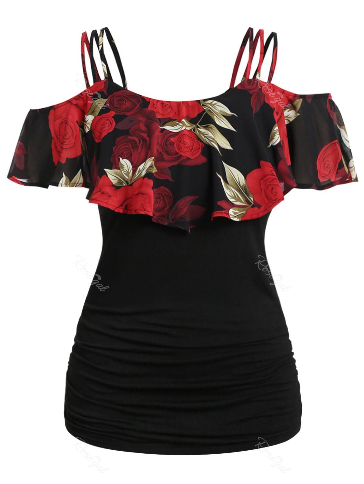 

Plus Size Floral Print Flounce Open Shoulder T Shirt, Black