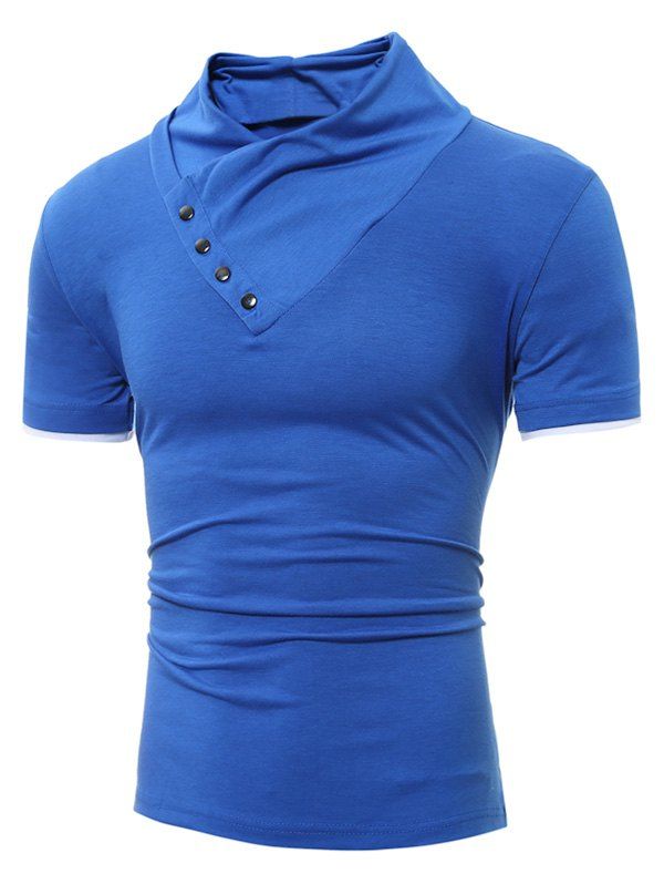 

Shawl Collar Color Block Panel Sleeves T-shirt, Blue