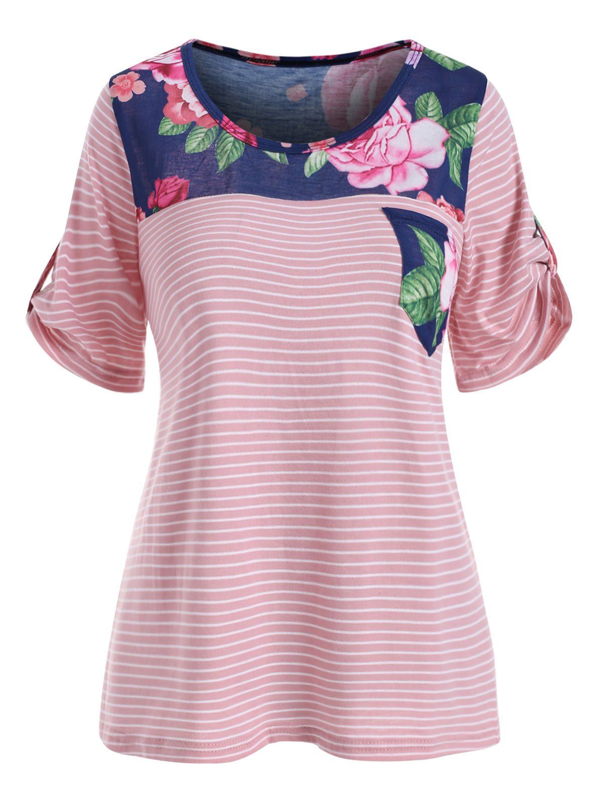 

Stripe and Flower Print Pocket T-shirt, Pink rose