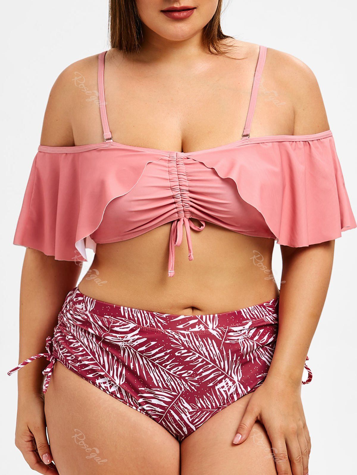 

Ruched Plus Size Leaf Print Bikini Set, Multi
