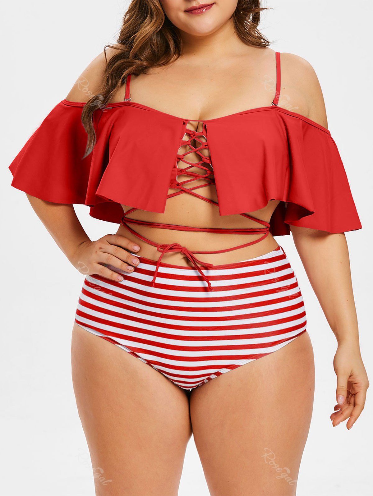 ROSE GAL Womens Plus Size Spaghetti Straps High Waist Galaxy Lace Up Bikini Set