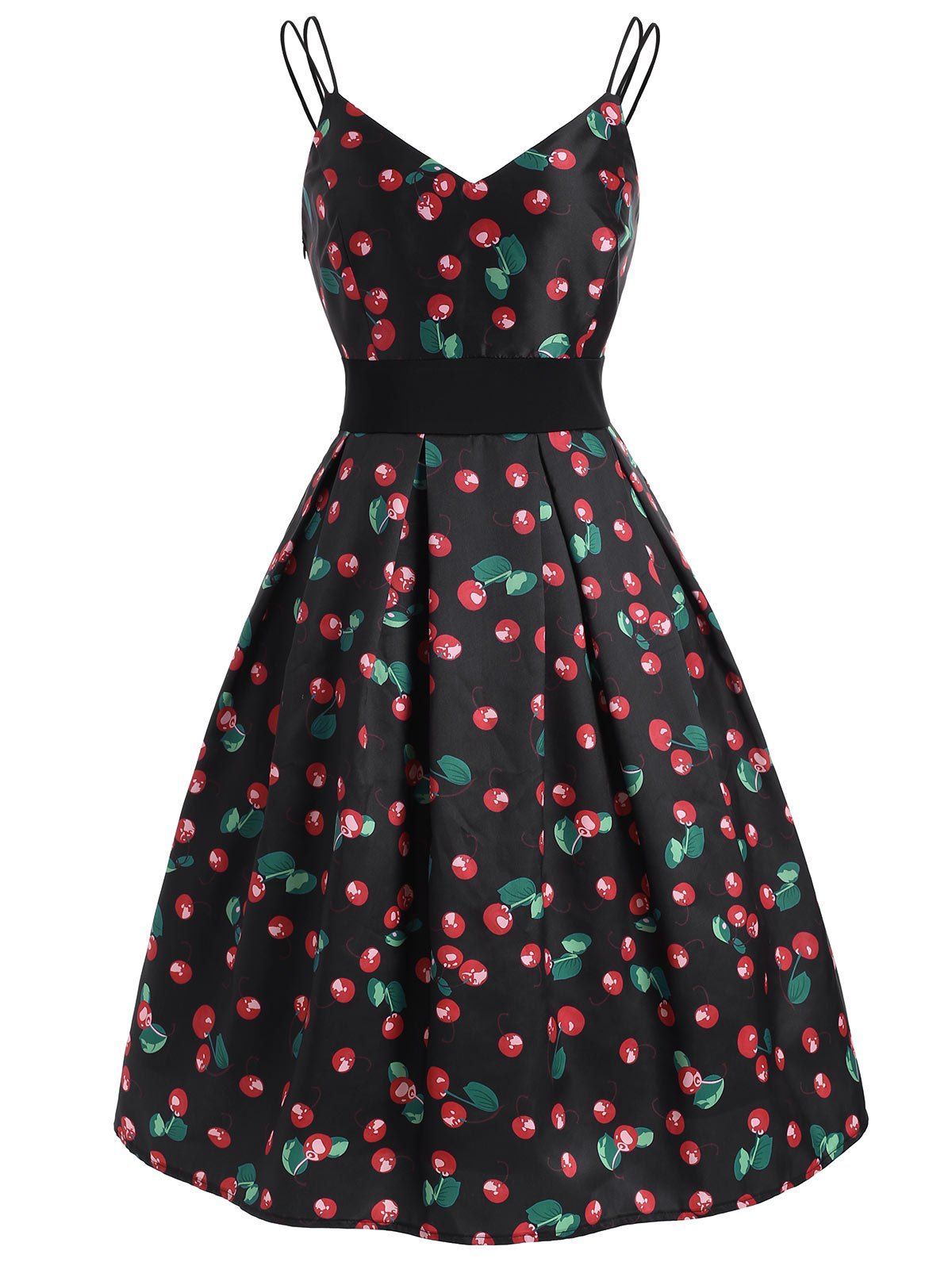 

Cherry Print Open Back Flare Dress, Black