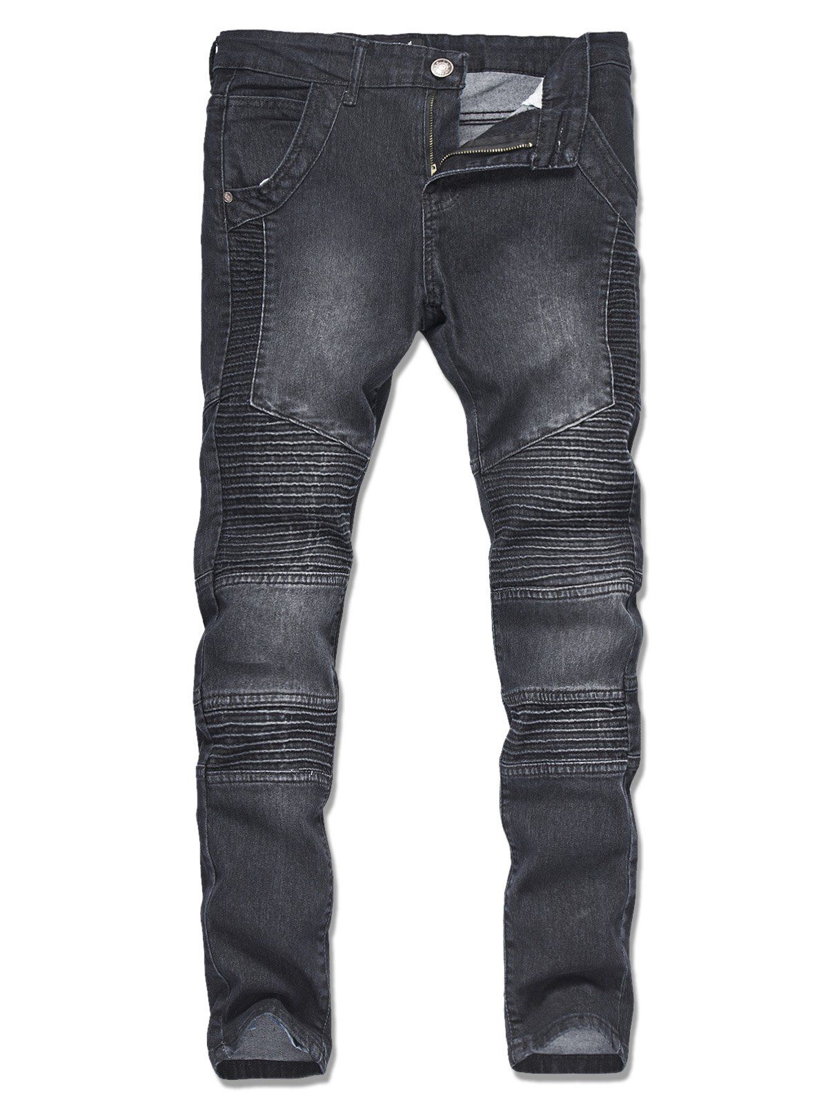 

Long Straight Casual Pleated Jeans, Black