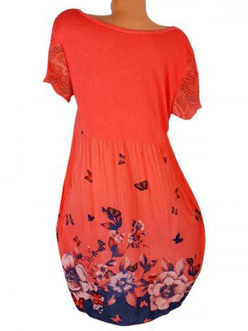 

Lace Panel Butterfly Print Plus Size Shift Dress, Bright orange
