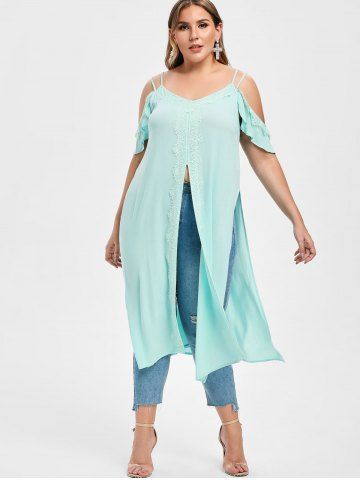 

Rosegal Lace Trim Slit Plus Size Cold Shoulder Tunic, Mint green