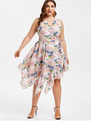 

Plus Size Floral Handkerchief Midi Dress, Multi-a