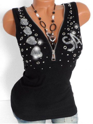 2019 star rhinestone embellished plus size half zip tank top