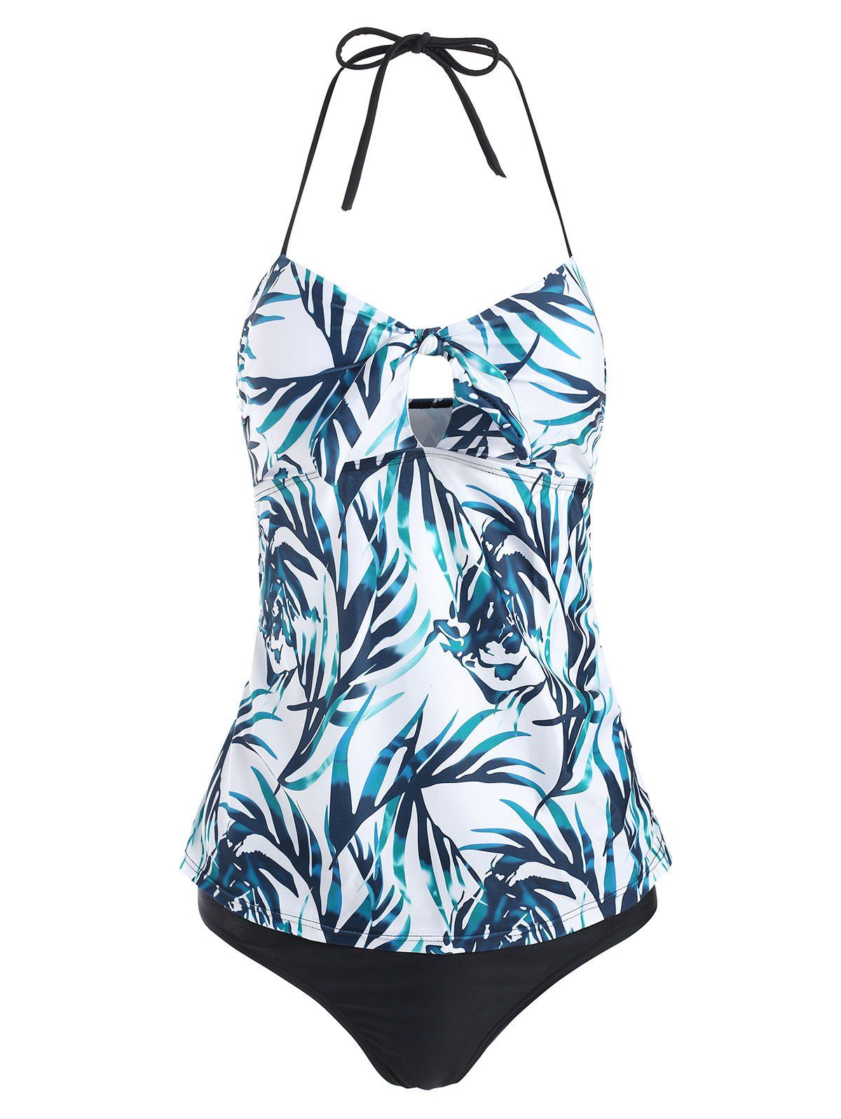 

Leaf Print Halter Tankini Set, Macaw blue green