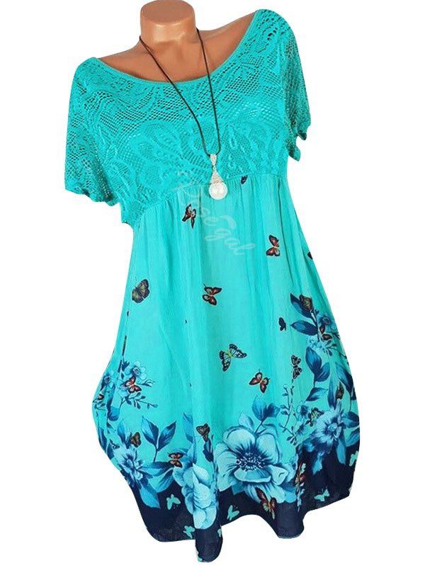 

Lace Panel Butterfly Print Plus Size Shift Dress, Medium turquoise