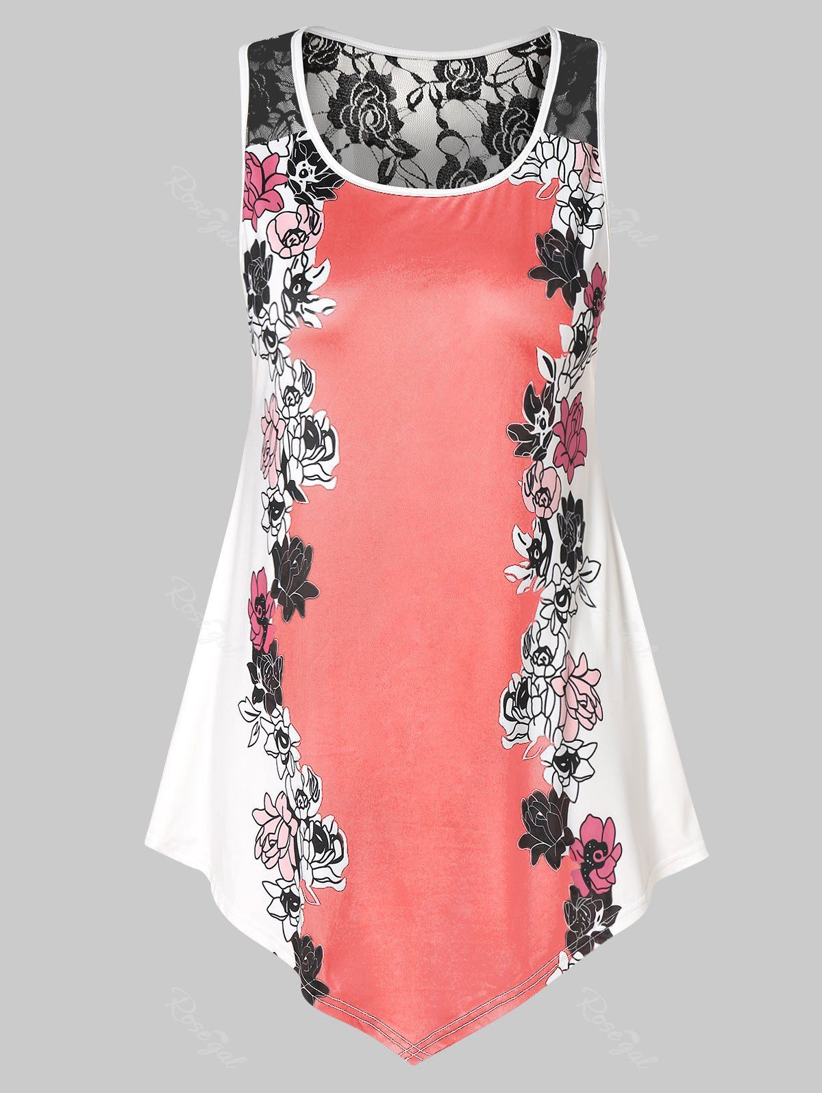 

Plus Size Floral Tank Top with Lace, Pink