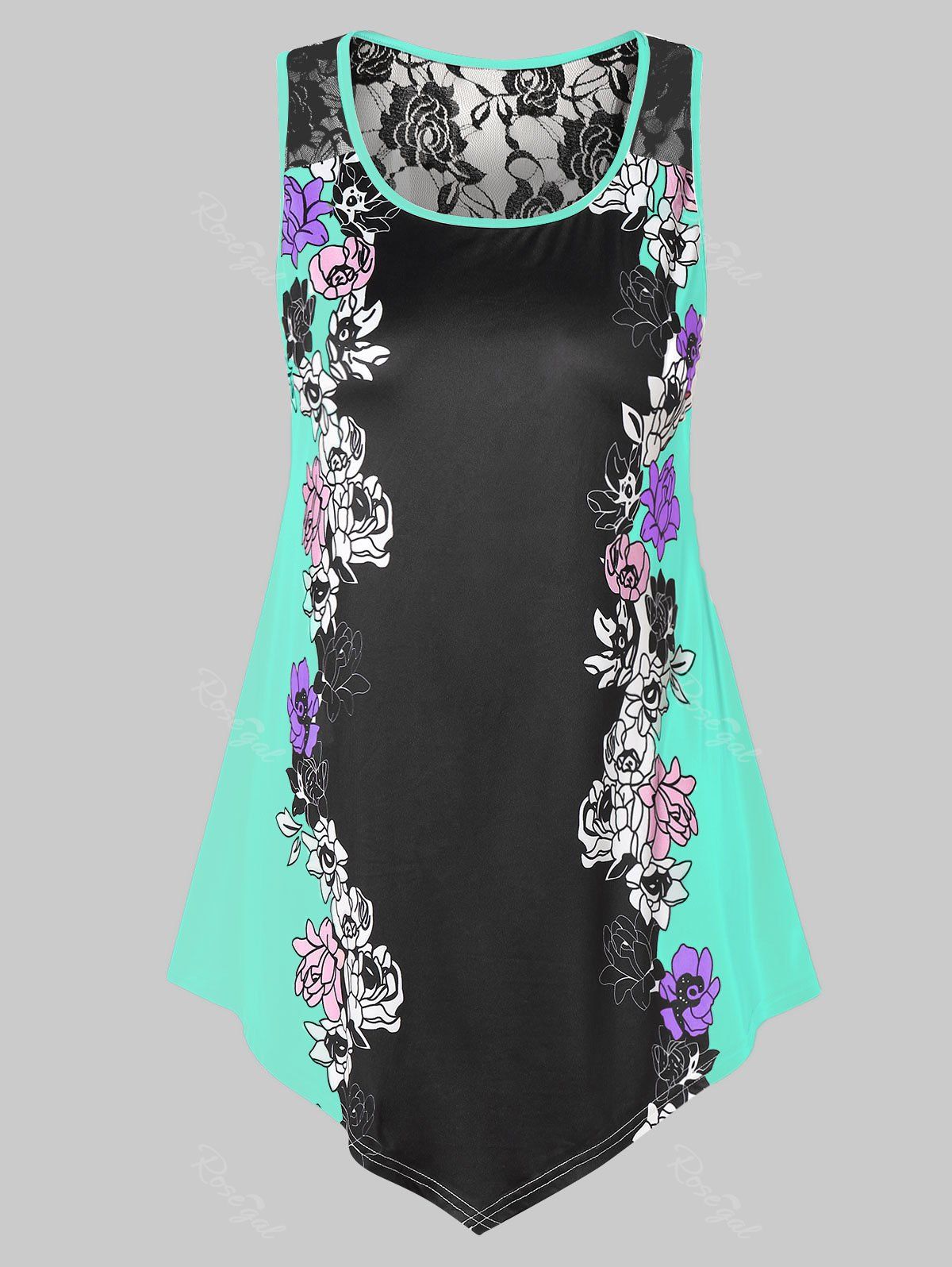 

Plus Size Floral Tank Top with Lace, Turquoise
