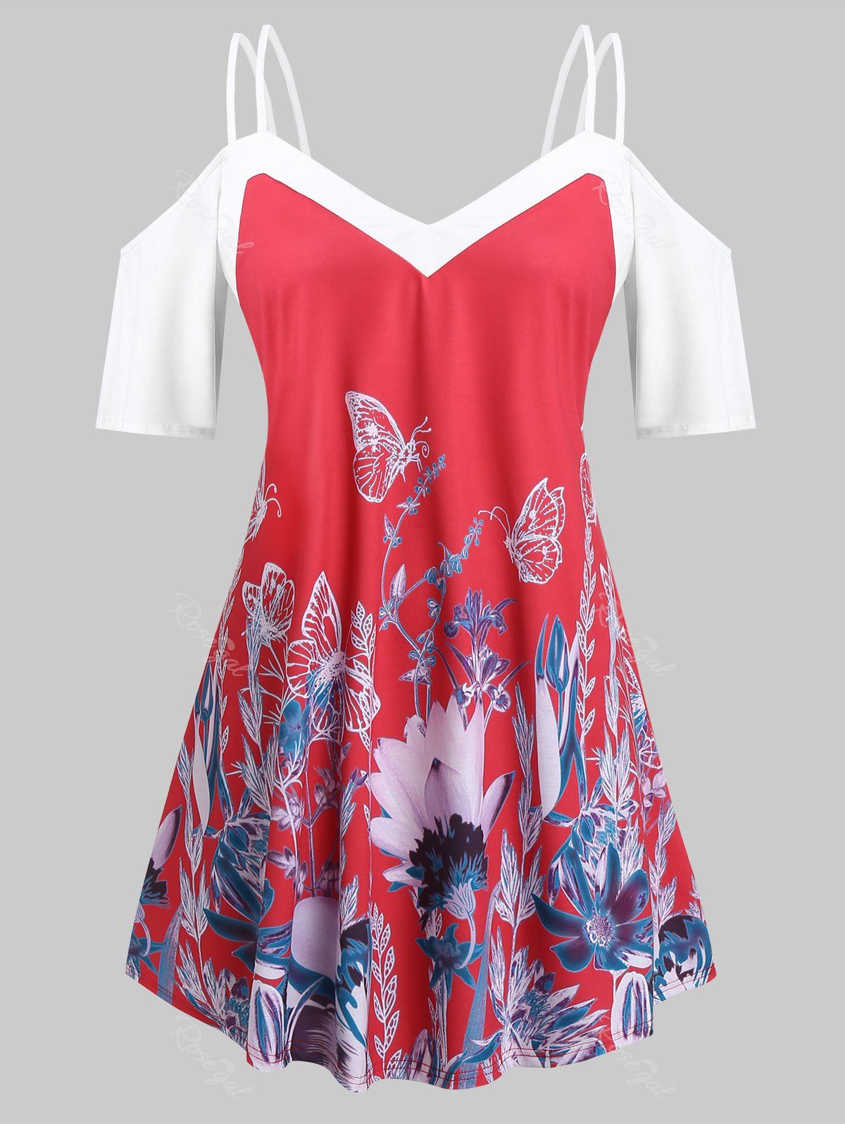 

Plus Size Open Shoulder Floral Print T Shirt, Red