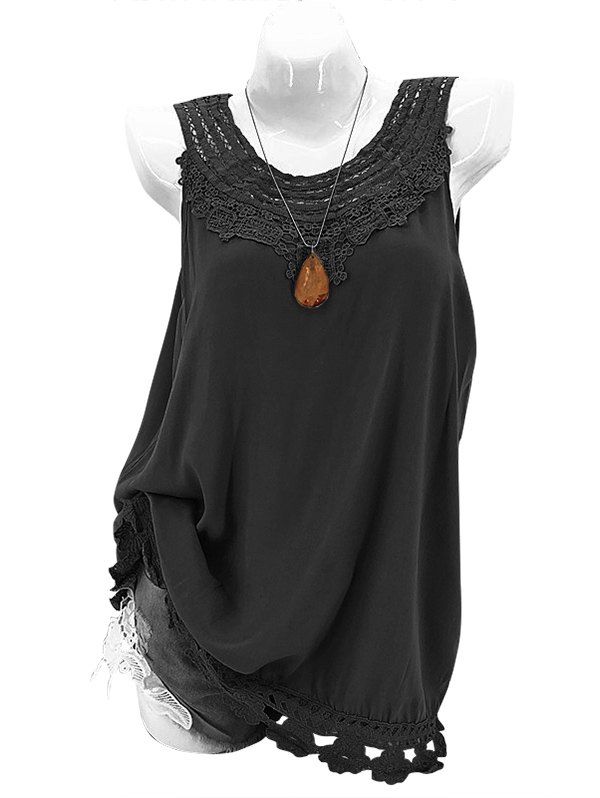 

Round Collar Lace Panel Tank Top, Black