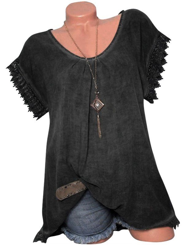 

Crochet Panel Longline Blouse, Black