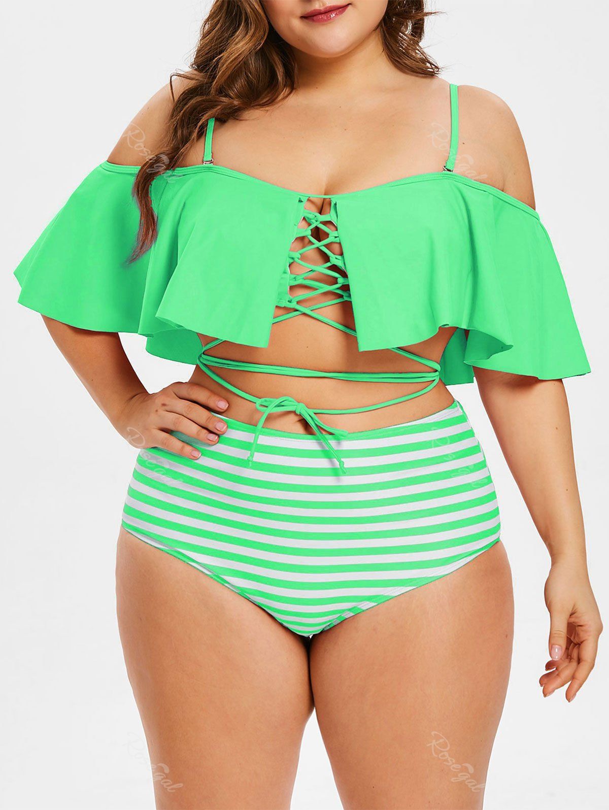 

Lace Up Plus Size Striped Panel Bikini Set, Algae green