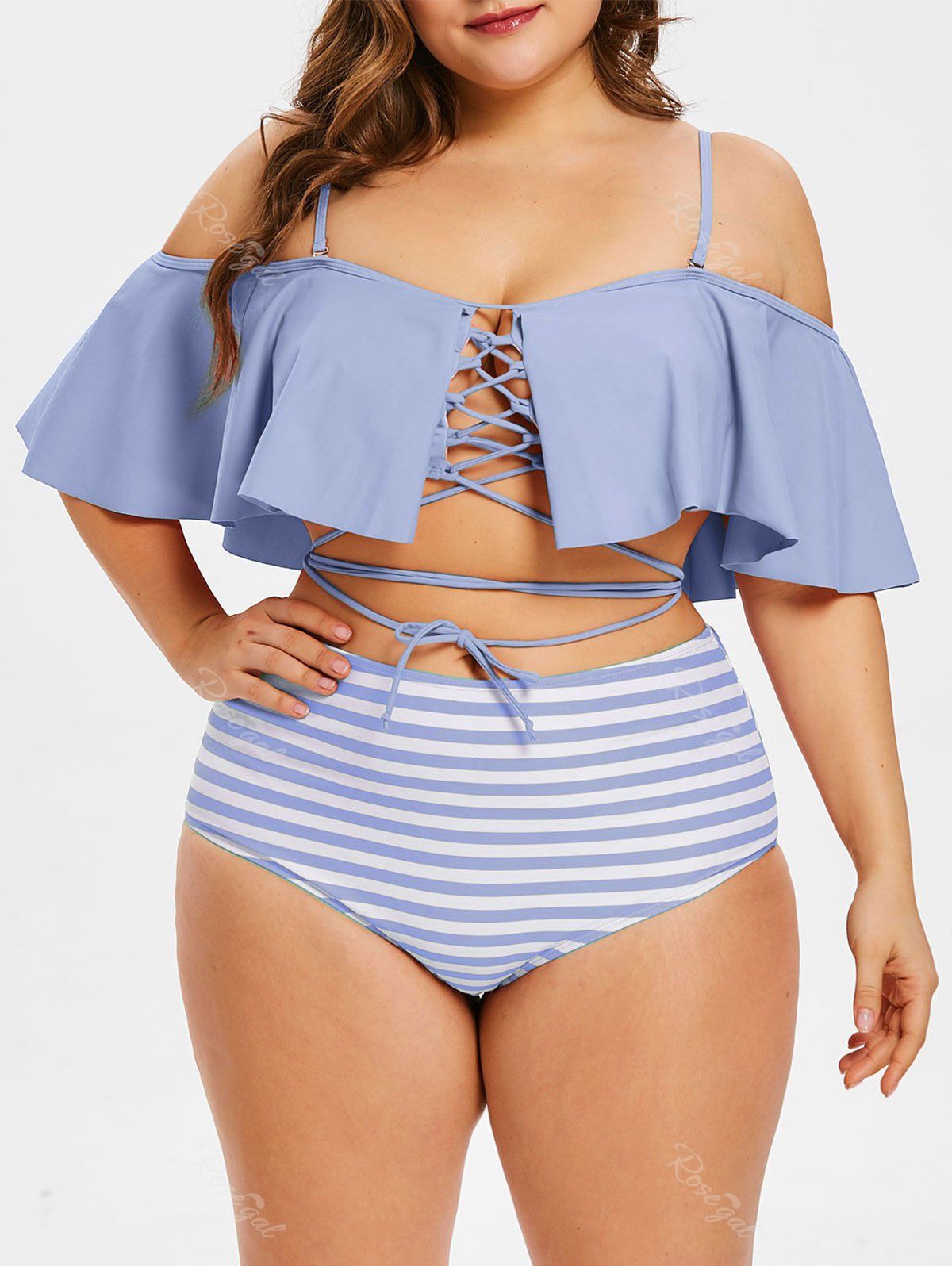 

Lace Up Plus Size Striped Panel Bikini Set, Lavender blue