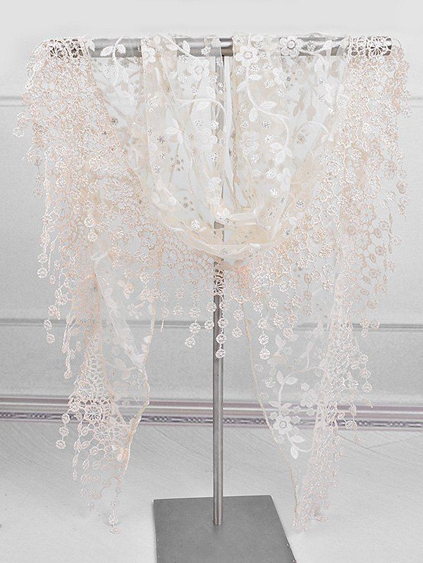 

Lace Flower Fringe Triangle Scarf, Beige