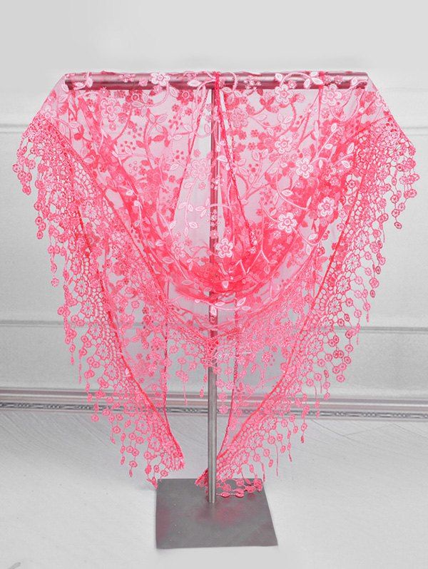 

Lace Flower Fringe Triangle Scarf, Watermelon pink