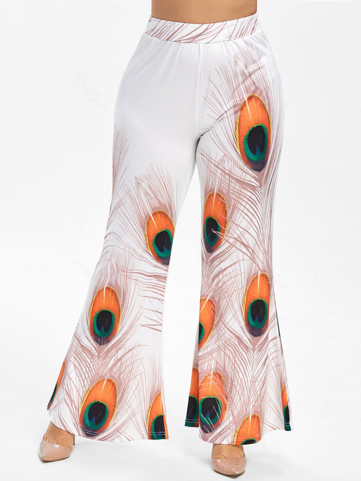 

Peacock Print Plus Size Wide Leg Pants, White