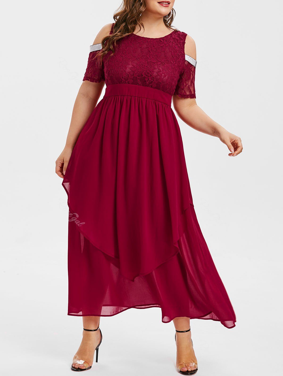 [37% OFF] Plus Size Cold Shoulder Lace Panel Prom Dress | Rosegal