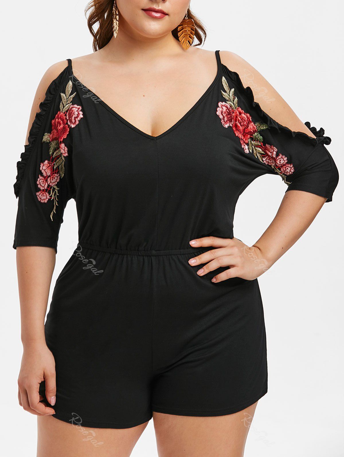

Plus Size Cold Shoulder Embroidered Romper, Black