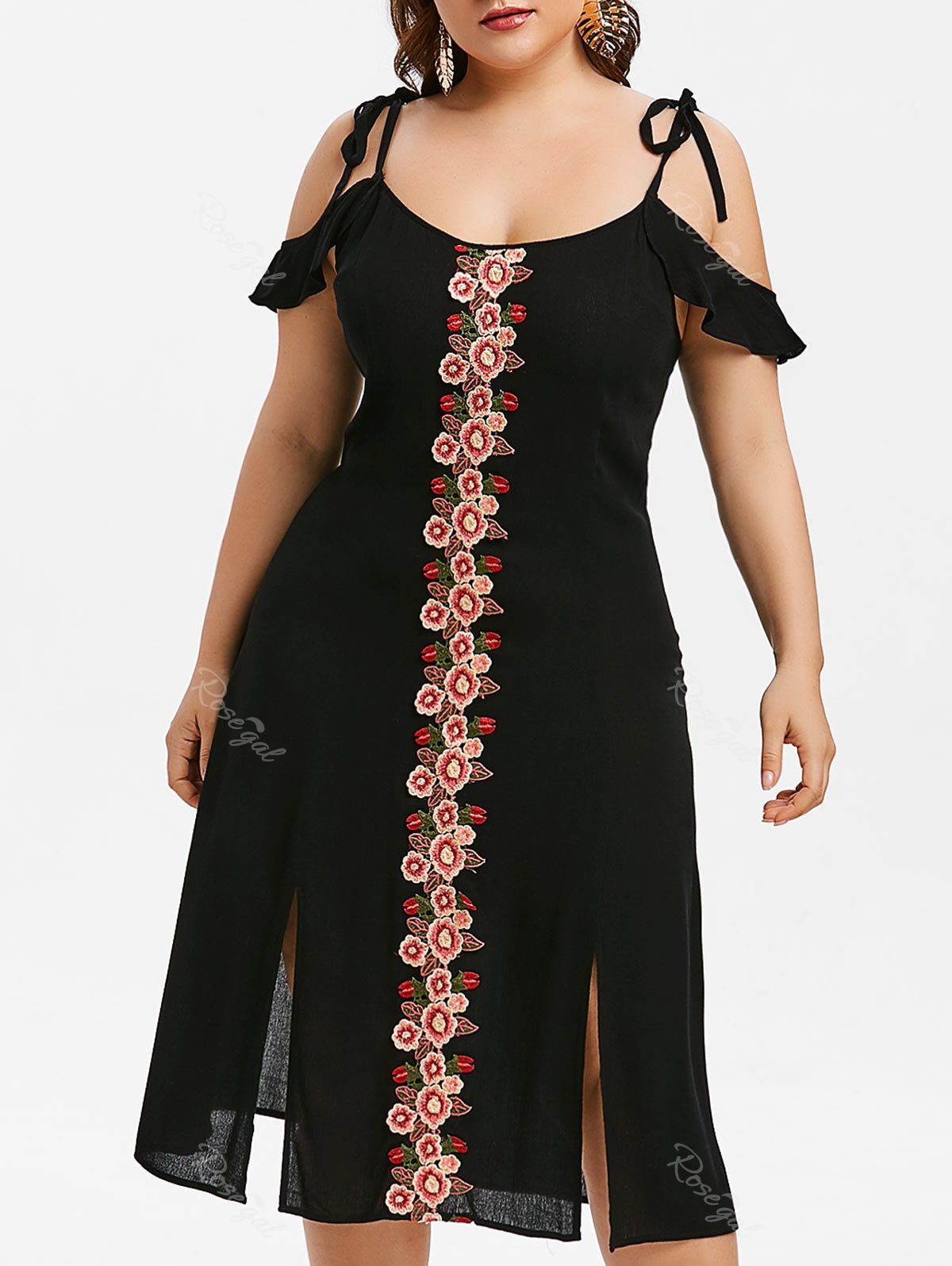 

Plus Size Flower Embroidered Cami Sit Dress, Black