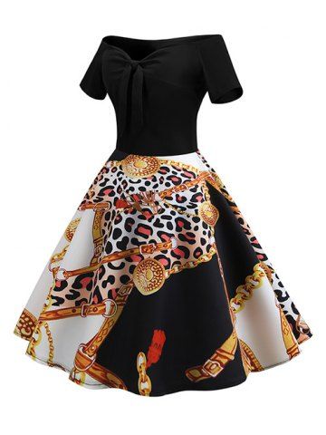 

Off Shoulder Chain Print Vintage Dress, Black